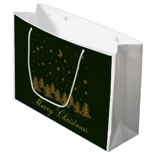 Sparkly gold Christmas tree, moon, stars on green Large Gift Bag