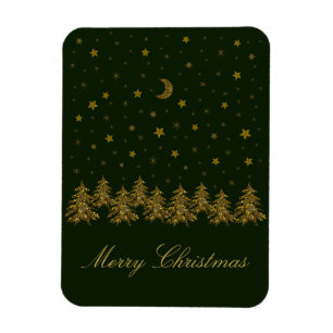 Sparkly gold Christmas tree, moon, stars on green Magnet