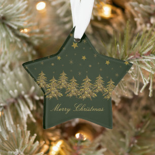 Sparkly gold Christmas tree, moon, stars on green Ornament