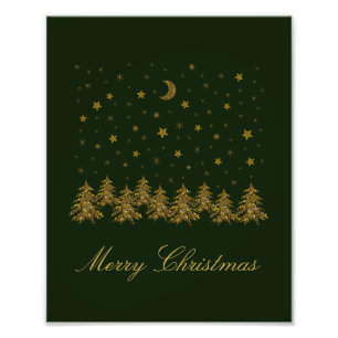 Sparkly gold Christmas tree, moon, stars on green Photo Print