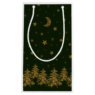 Sparkly gold Christmas tree, moon, stars on green Small Gift Bag