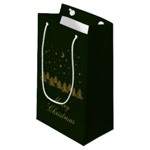 Sparkly gold Christmas tree, moon, stars on green Small Gift Bag