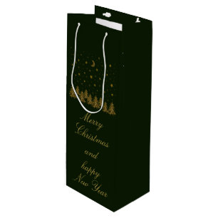 Sparkly gold Christmas tree, moon, stars on green Wine Gift Bag