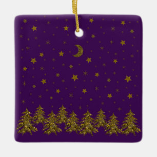 Sparkly gold Christmas tree, moon, stars on purple Ceramic Tree Decoration