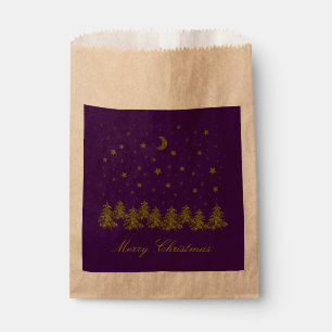 Sparkly gold Christmas tree, moon, stars on purple Favour Bags