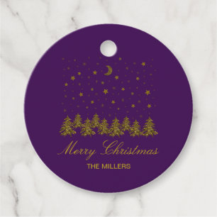 Sparkly gold Christmas tree, moon, stars on purple Favour Tags