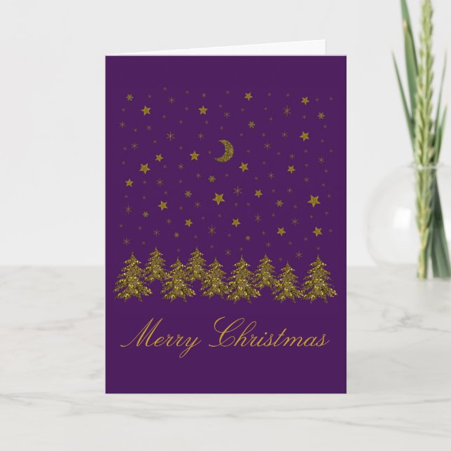 Sparkly gold Christmas tree, moon, stars on purple Holiday Card (Front)