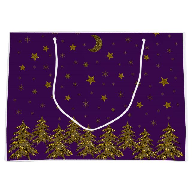 Sparkly gold Christmas tree, moon, stars on purple Large Gift Bag (Front)