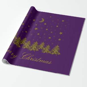 Sparkly gold Christmas tree, moon, stars on purple Wrapping Paper