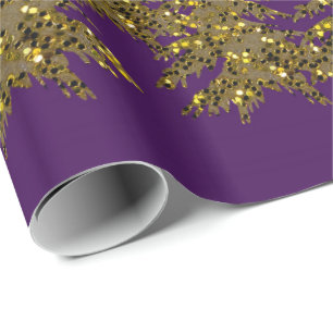 Sparkly gold Christmas tree, moon, stars on purple Wrapping Paper
