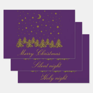 Sparkly gold Christmas tree, moon, stars on purple Wrapping Paper Sheet
