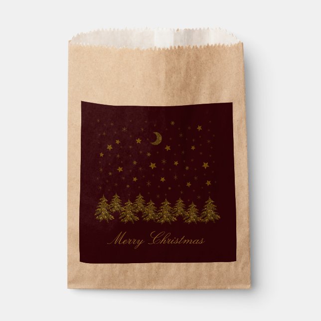 Sparkly gold Christmas tree, moon, stars on red Favour Bags (Front)