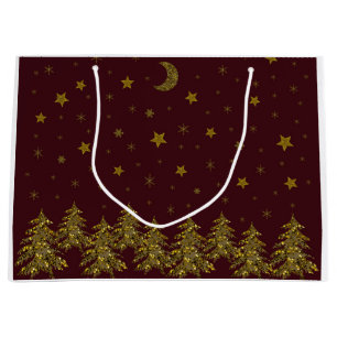 Sparkly gold Christmas tree, moon, stars on red Large Gift Bag