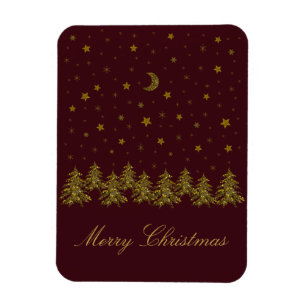 Sparkly gold Christmas tree, moon, stars on red Magnet