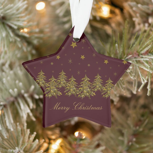 Sparkly gold Christmas tree, moon, stars on red Ornament (Tree)