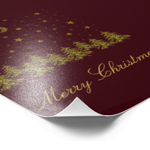 Sparkly gold Christmas tree, moon, stars on red Photo Print