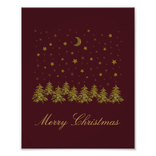 Sparkly gold Christmas tree, moon, stars on red Photo Print