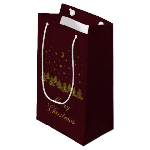 Sparkly gold Christmas tree, moon, stars on red Small Gift Bag