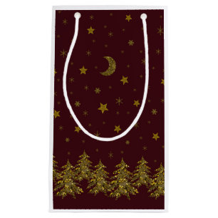 Sparkly gold Christmas tree, moon, stars on red Small Gift Bag
