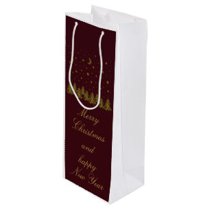 Sparkly gold Christmas tree, moon, stars on red Wine Gift Bag