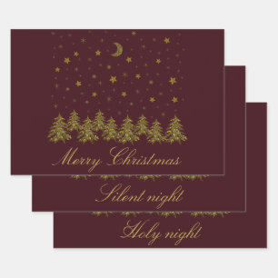Sparkly gold Christmas tree, moon, stars on red Wrapping Paper Sheet