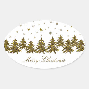 Sparkly gold Christmas tree, moon, stars Oval Sticker