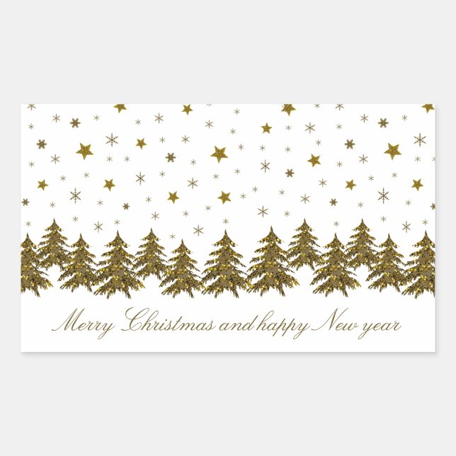 Sparkly gold Christmas tree, moon, stars Rectangular Sticker (Front)
