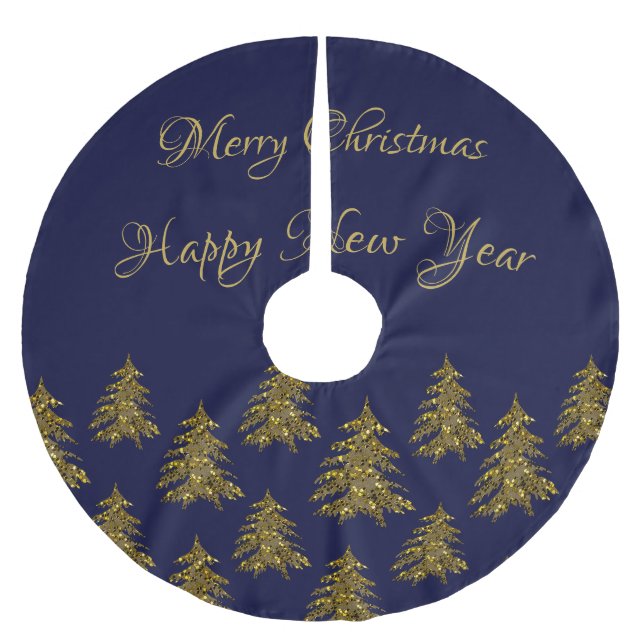 Sparkly gold Christmas tree on blue Christmas Brushed Polyester Tree Skirt (Front)