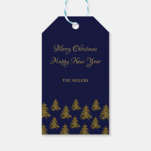 Sparkly gold Christmas tree on blue Christmas Gift Tags