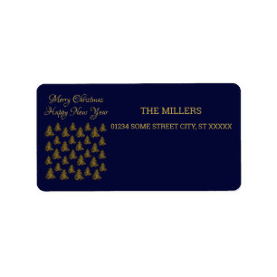 Sparkly gold Christmas tree on blue Christmas Label