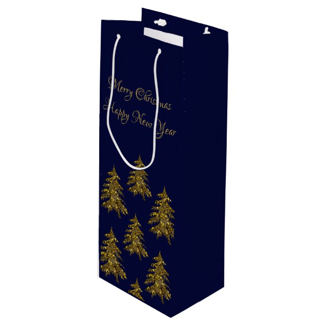 Sparkly gold Christmas tree on blue Christmas Wine Gift Bag (Front Angled)