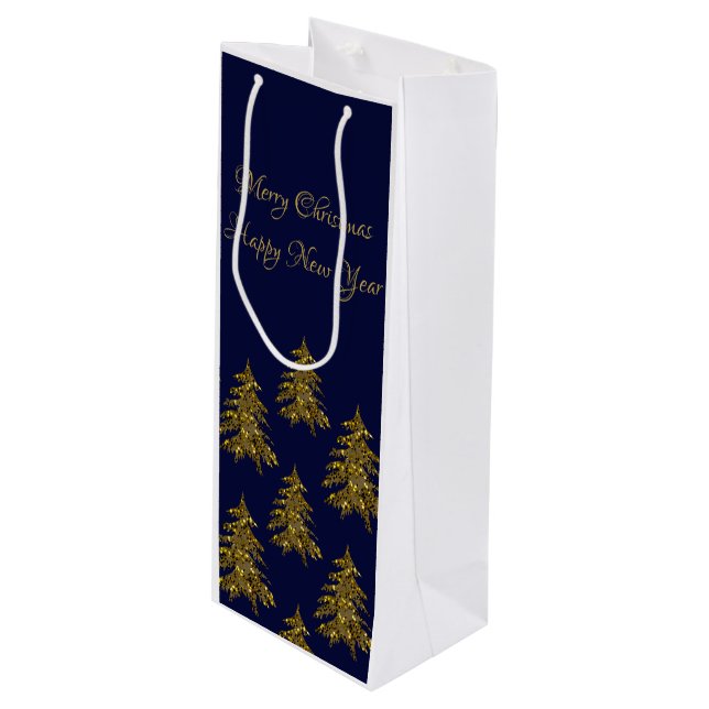 Sparkly gold Christmas tree on blue Christmas Wine Gift Bag (Front Angled)