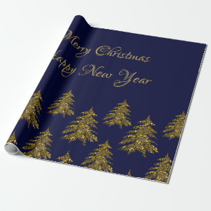 Sparkly gold Christmas tree on blue Christmas Wrapping Paper