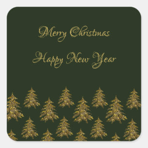Sparkly gold Christmas tree on green Christmas Square Sticker