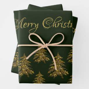 Sparkly gold Christmas tree on green Christmas Wrapping Paper Sheet