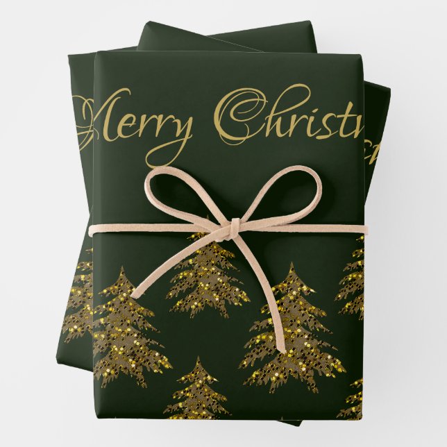 Sparkly gold Christmas tree on green Christmas Wrapping Paper Sheet (In situ)