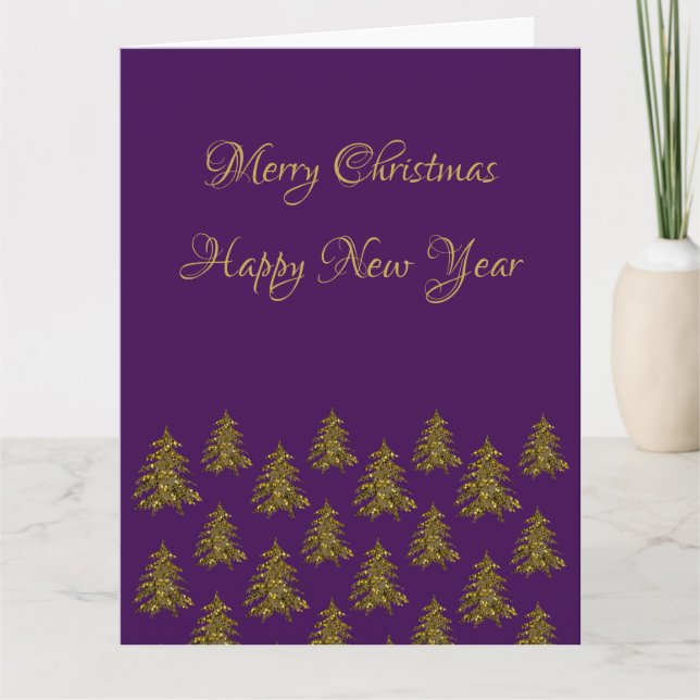 Sparkly gold Christmas tree on purple Christmas Card (Front)