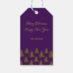 Sparkly gold Christmas tree on purple Christmas Gift Tags