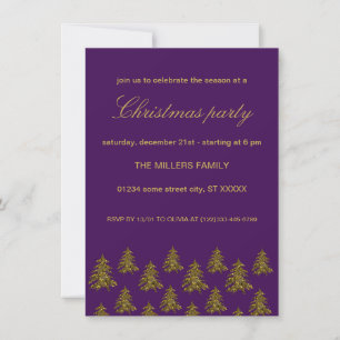 Sparkly gold Christmas tree on purple Christmas Invitation
