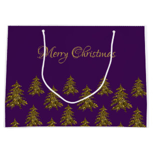Sparkly gold Christmas tree on purple Christmas Large Gift Bag