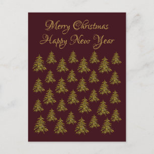 Sparkly gold Christmas tree on red Christmas Holiday Postcard