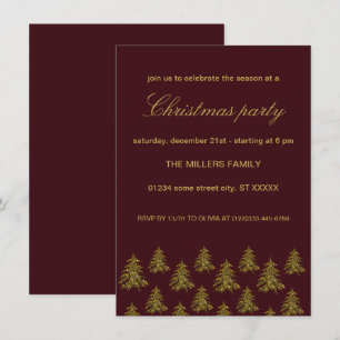 Sparkly gold Christmas tree on red Christmas Invitation