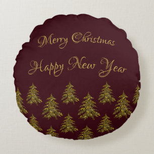 Sparkly gold Christmas tree on red Christmas Round Cushion