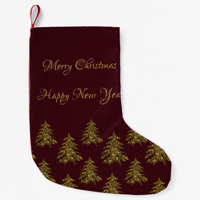 Sparkly gold Christmas tree on red Christmas Small Christmas Stocking (Front)