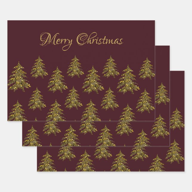 Sparkly gold Christmas tree on red Christmas Wrapping Paper Sheet (Set)
