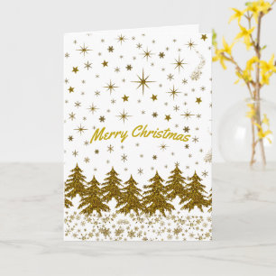 Sparkly Gold Christmas tree, stars, snow Card