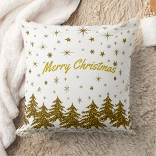 Sparkly Gold Christmas tree, stars, snow Cushion