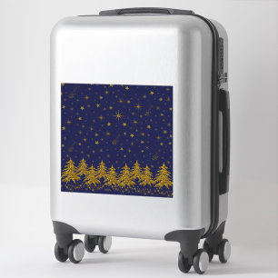 Sparkly Gold Christmas tree, stars, snow on blue