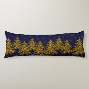 Sparkly Gold Christmas tree, stars, snow on blue Body Cushion