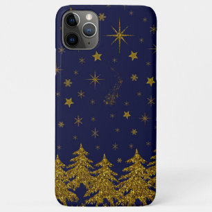 Sparkly Gold Christmas tree, stars, snow on blue iPhone 11 Pro Max Case